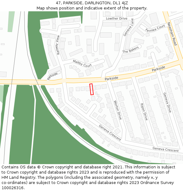 47, PARKSIDE, DARLINGTON, DL1 4JZ: Location map and indicative extent of plot