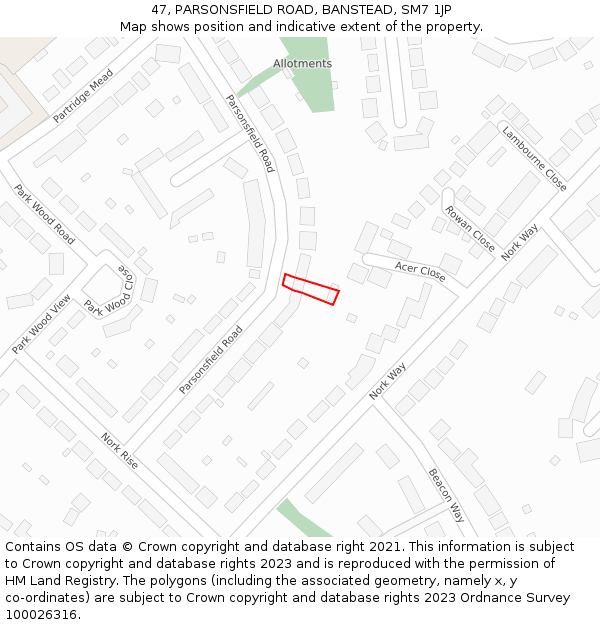 47, PARSONSFIELD ROAD, BANSTEAD, SM7 1JP: Location map and indicative extent of plot