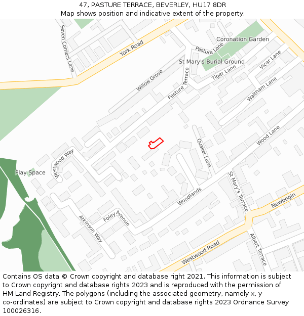 47, PASTURE TERRACE, BEVERLEY, HU17 8DR: Location map and indicative extent of plot