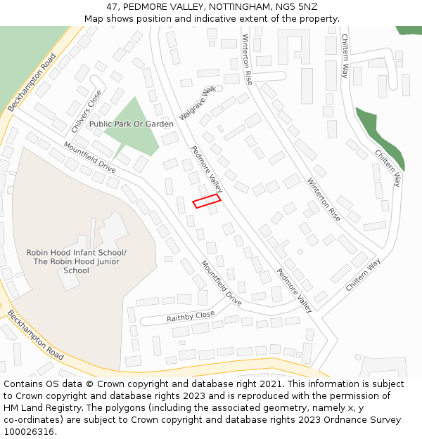 47, PEDMORE VALLEY, NOTTINGHAM, NG5 5NZ: Location map and indicative extent of plot