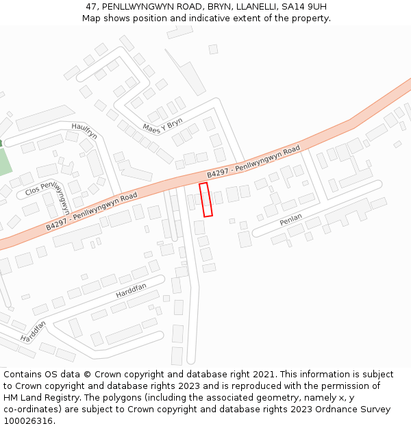 47, PENLLWYNGWYN ROAD, BRYN, LLANELLI, SA14 9UH: Location map and indicative extent of plot