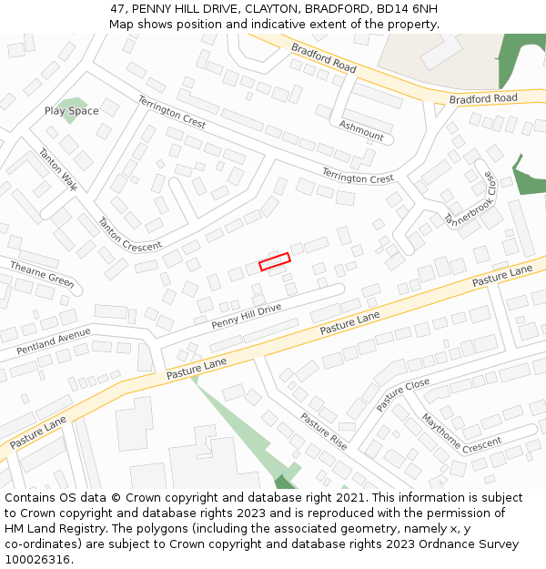 47, PENNY HILL DRIVE, CLAYTON, BRADFORD, BD14 6NH: Location map and indicative extent of plot