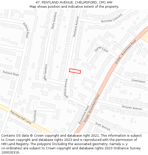 47, PENTLAND AVENUE, CHELMSFORD, CM1 4AY: Location map and indicative extent of plot