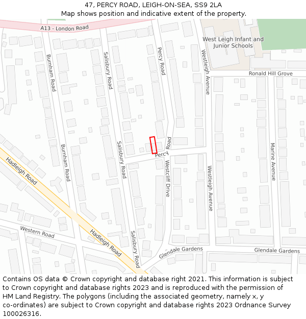 47, PERCY ROAD, LEIGH-ON-SEA, SS9 2LA: Location map and indicative extent of plot