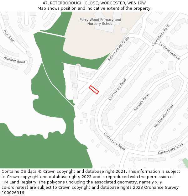 47, PETERBOROUGH CLOSE, WORCESTER, WR5 1PW: Location map and indicative extent of plot