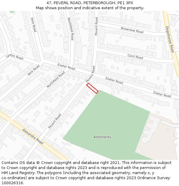 47, PEVERIL ROAD, PETERBOROUGH, PE1 3PX: Location map and indicative extent of plot