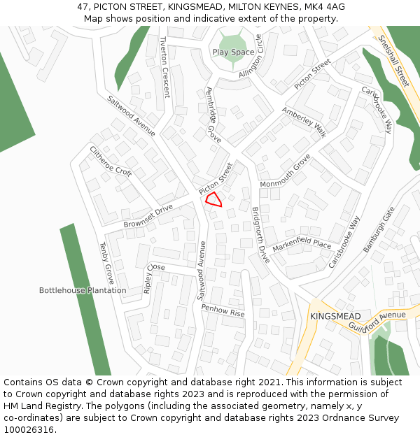 47, PICTON STREET, KINGSMEAD, MILTON KEYNES, MK4 4AG: Location map and indicative extent of plot