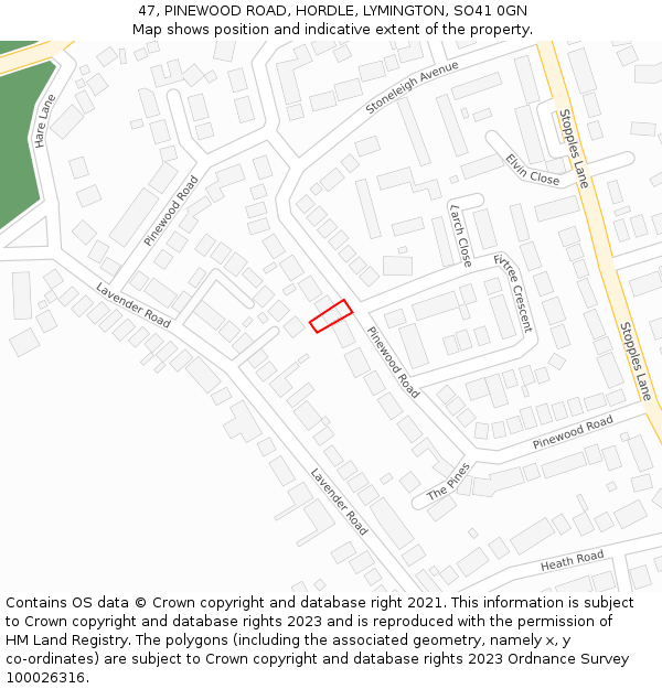 47, PINEWOOD ROAD, HORDLE, LYMINGTON, SO41 0GN: Location map and indicative extent of plot