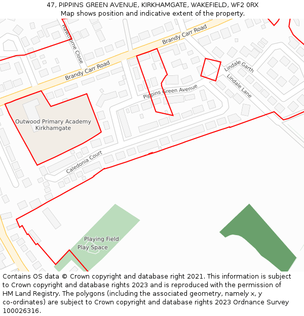 47, PIPPINS GREEN AVENUE, KIRKHAMGATE, WAKEFIELD, WF2 0RX: Location map and indicative extent of plot