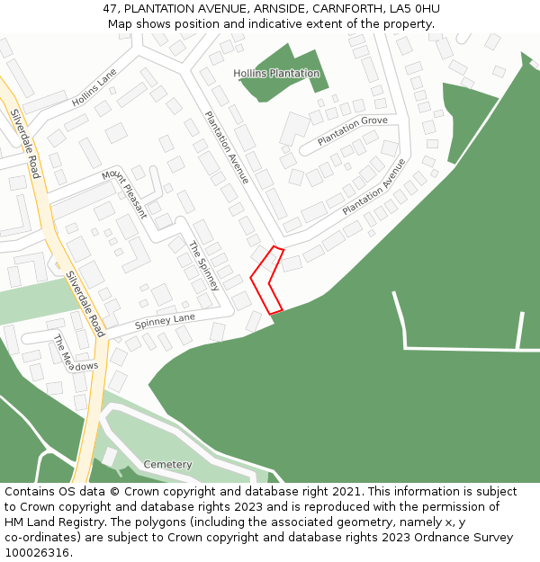 47, PLANTATION AVENUE, ARNSIDE, CARNFORTH, LA5 0HU: Location map and indicative extent of plot