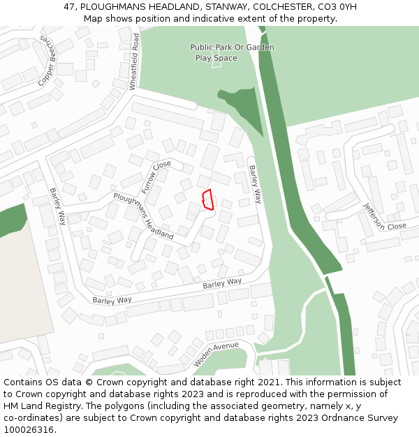 47, PLOUGHMANS HEADLAND, STANWAY, COLCHESTER, CO3 0YH: Location map and indicative extent of plot