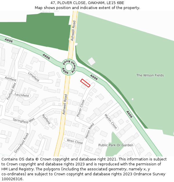 47, PLOVER CLOSE, OAKHAM, LE15 6BE: Location map and indicative extent of plot