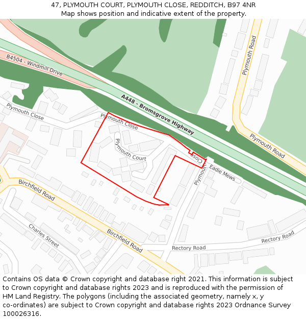 47, PLYMOUTH COURT, PLYMOUTH CLOSE, REDDITCH, B97 4NR: Location map and indicative extent of plot