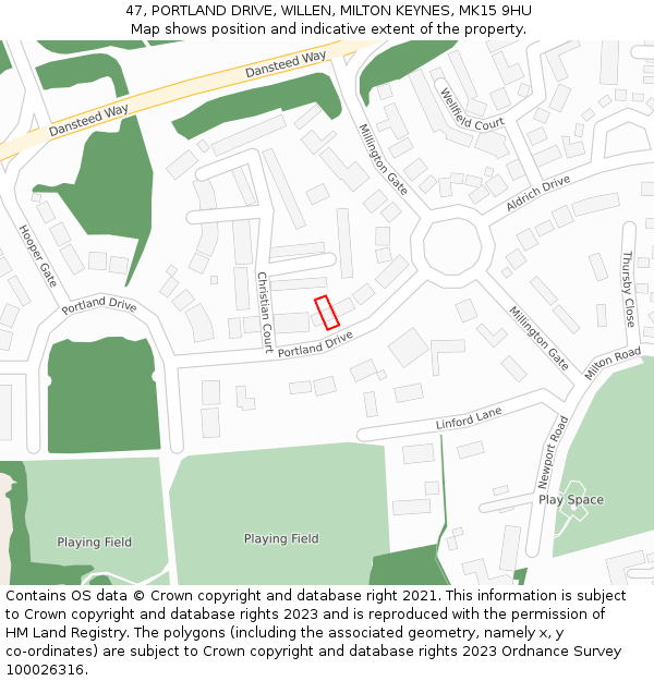 47, PORTLAND DRIVE, WILLEN, MILTON KEYNES, MK15 9HU: Location map and indicative extent of plot