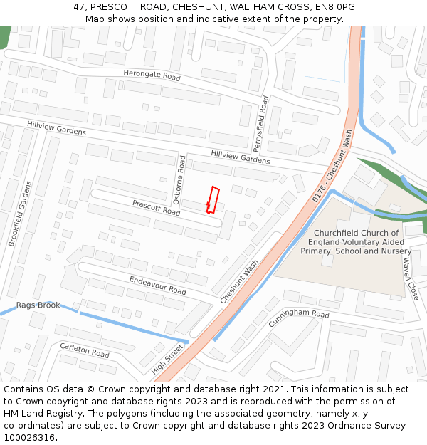 47, PRESCOTT ROAD, CHESHUNT, WALTHAM CROSS, EN8 0PG: Location map and indicative extent of plot
