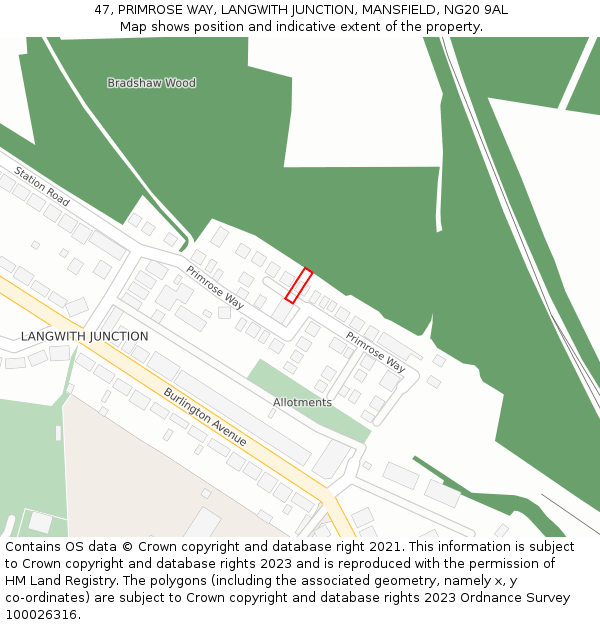 47, PRIMROSE WAY, LANGWITH JUNCTION, MANSFIELD, NG20 9AL: Location map and indicative extent of plot