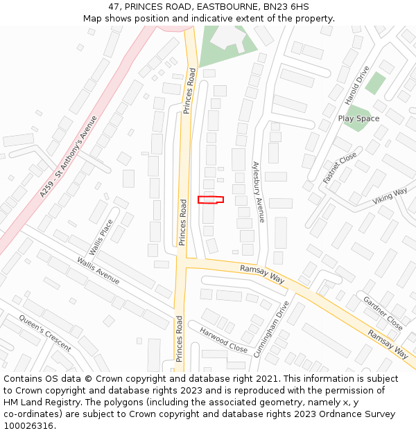 47, PRINCES ROAD, EASTBOURNE, BN23 6HS: Location map and indicative extent of plot