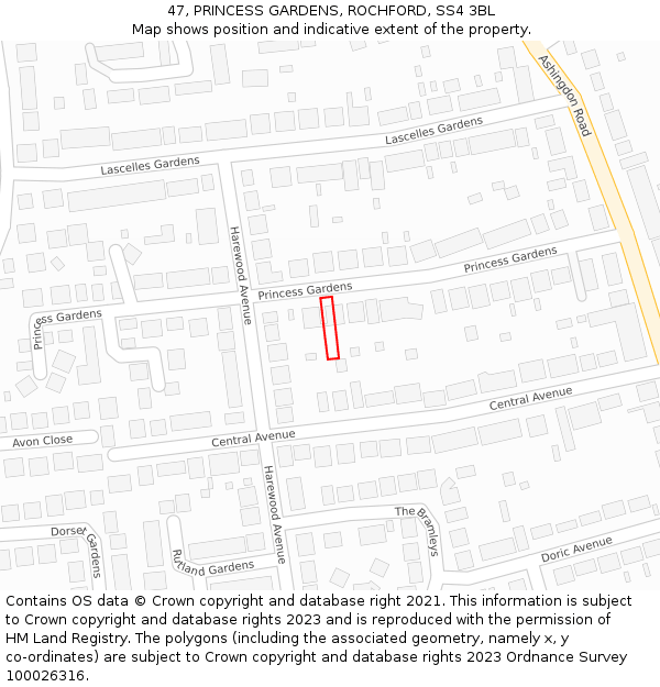 47, PRINCESS GARDENS, ROCHFORD, SS4 3BL: Location map and indicative extent of plot