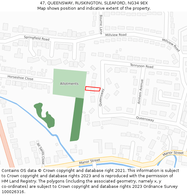 47, QUEENSWAY, RUSKINGTON, SLEAFORD, NG34 9EX: Location map and indicative extent of plot