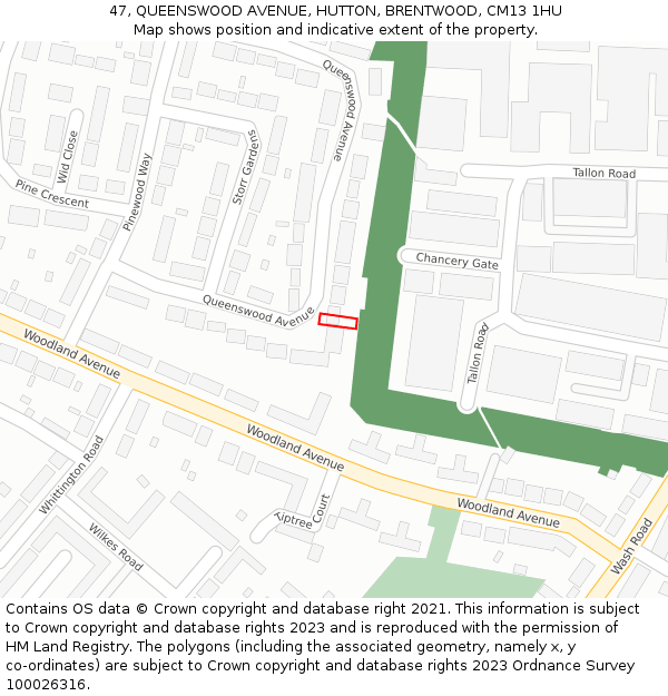 47, QUEENSWOOD AVENUE, HUTTON, BRENTWOOD, CM13 1HU: Location map and indicative extent of plot