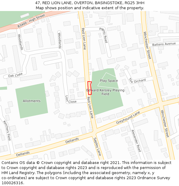 47, RED LION LANE, OVERTON, BASINGSTOKE, RG25 3HH: Location map and indicative extent of plot