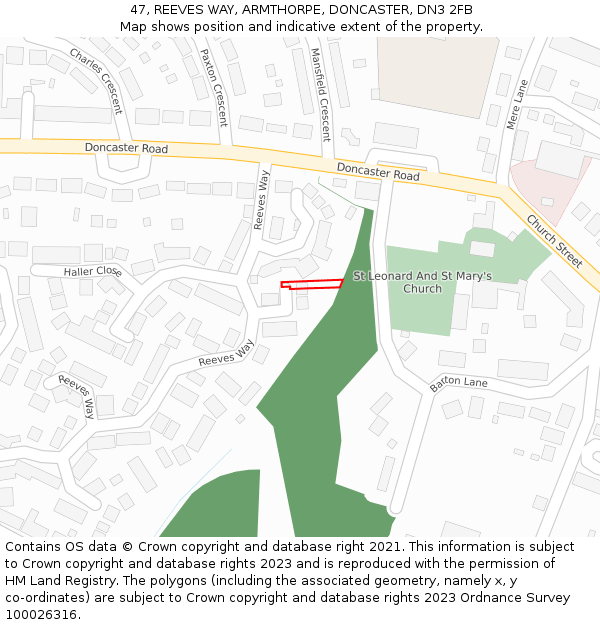 47, REEVES WAY, ARMTHORPE, DONCASTER, DN3 2FB: Location map and indicative extent of plot