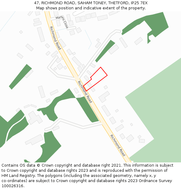 47, RICHMOND ROAD, SAHAM TONEY, THETFORD, IP25 7EX: Location map and indicative extent of plot