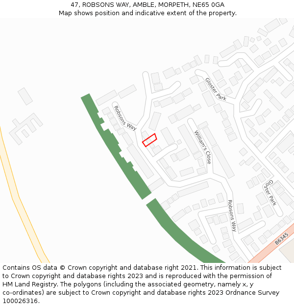 47, ROBSONS WAY, AMBLE, MORPETH, NE65 0GA: Location map and indicative extent of plot