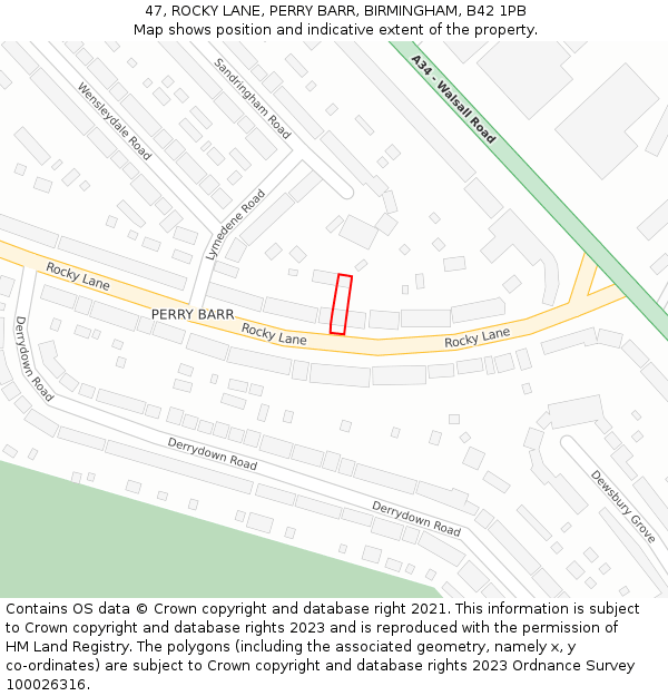 47, ROCKY LANE, PERRY BARR, BIRMINGHAM, B42 1PB: Location map and indicative extent of plot