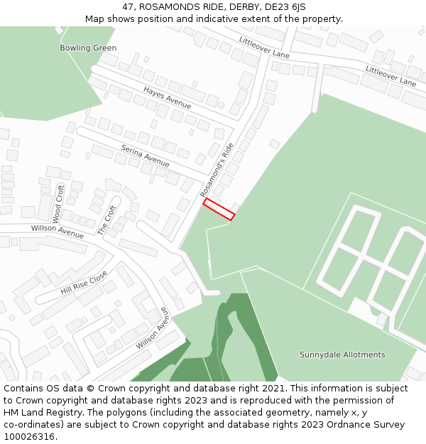 47, ROSAMONDS RIDE, DERBY, DE23 6JS: Location map and indicative extent of plot