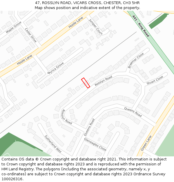 47, ROSSLYN ROAD, VICARS CROSS, CHESTER, CH3 5HR: Location map and indicative extent of plot