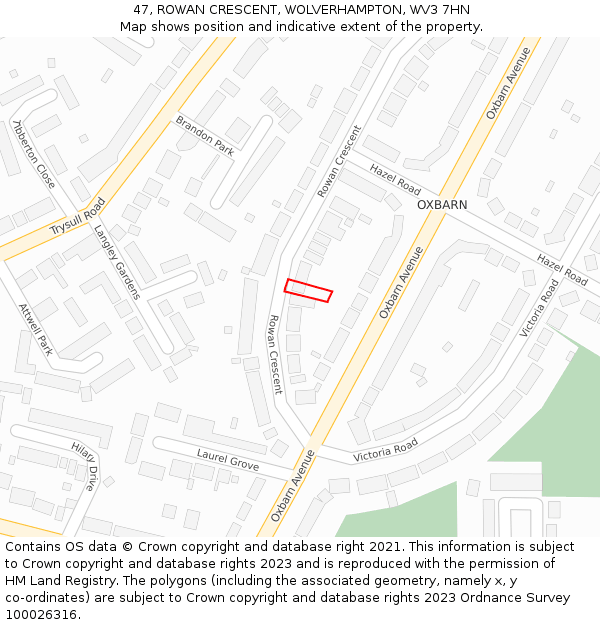 47, ROWAN CRESCENT, WOLVERHAMPTON, WV3 7HN: Location map and indicative extent of plot