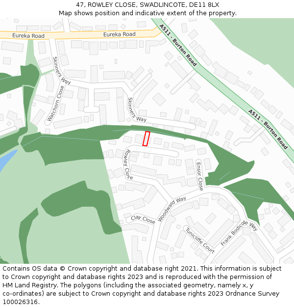 47, ROWLEY CLOSE, SWADLINCOTE, DE11 8LX: Location map and indicative extent of plot