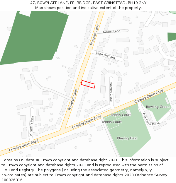 47, ROWPLATT LANE, FELBRIDGE, EAST GRINSTEAD, RH19 2NY: Location map and indicative extent of plot