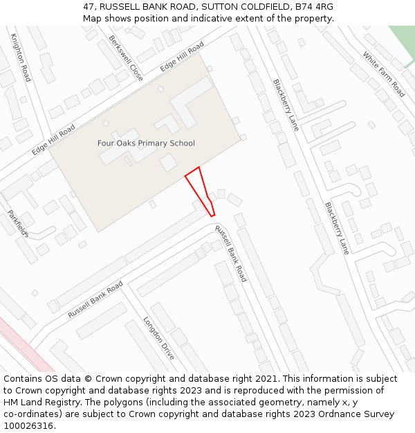 47, RUSSELL BANK ROAD, SUTTON COLDFIELD, B74 4RG: Location map and indicative extent of plot