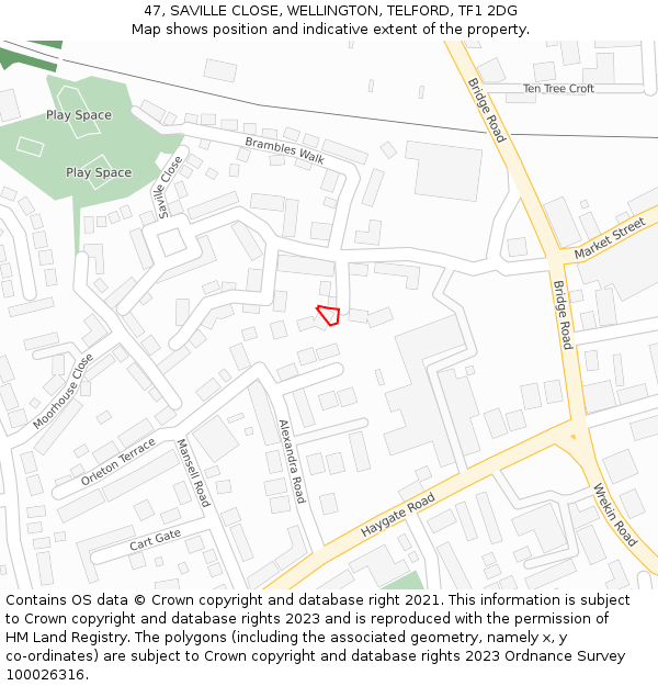 47, SAVILLE CLOSE, WELLINGTON, TELFORD, TF1 2DG: Location map and indicative extent of plot