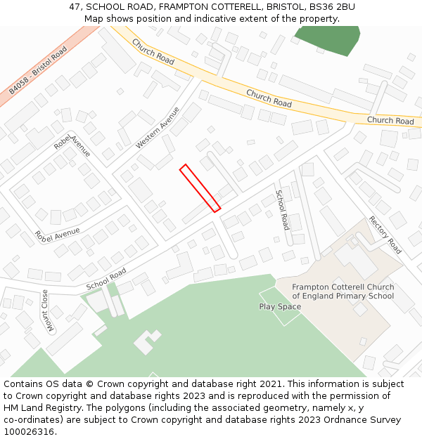 47, SCHOOL ROAD, FRAMPTON COTTERELL, BRISTOL, BS36 2BU: Location map and indicative extent of plot