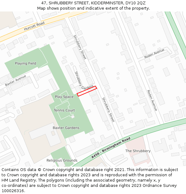 47, SHRUBBERY STREET, KIDDERMINSTER, DY10 2QZ: Location map and indicative extent of plot