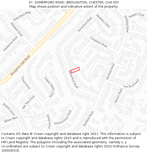 47, SOMERFORD ROAD, BROUGHTON, CHESTER, CH4 0SY: Location map and indicative extent of plot