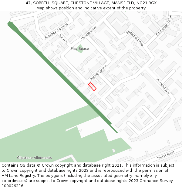 47, SORRELL SQUARE, CLIPSTONE VILLAGE, MANSFIELD, NG21 9GX: Location map and indicative extent of plot