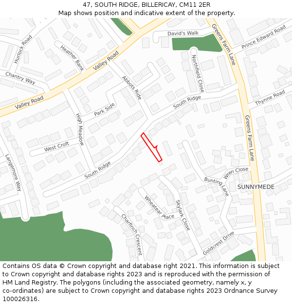 47, SOUTH RIDGE, BILLERICAY, CM11 2ER: Location map and indicative extent of plot