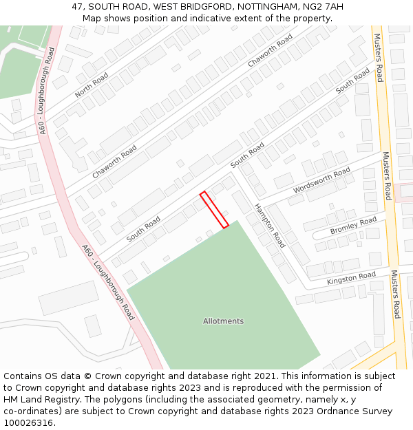 47, SOUTH ROAD, WEST BRIDGFORD, NOTTINGHAM, NG2 7AH: Location map and indicative extent of plot