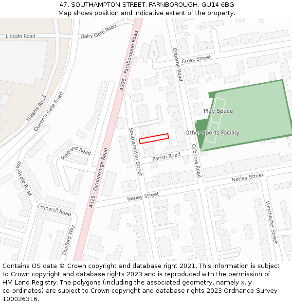 47, SOUTHAMPTON STREET, FARNBOROUGH, GU14 6BG: Location map and indicative extent of plot