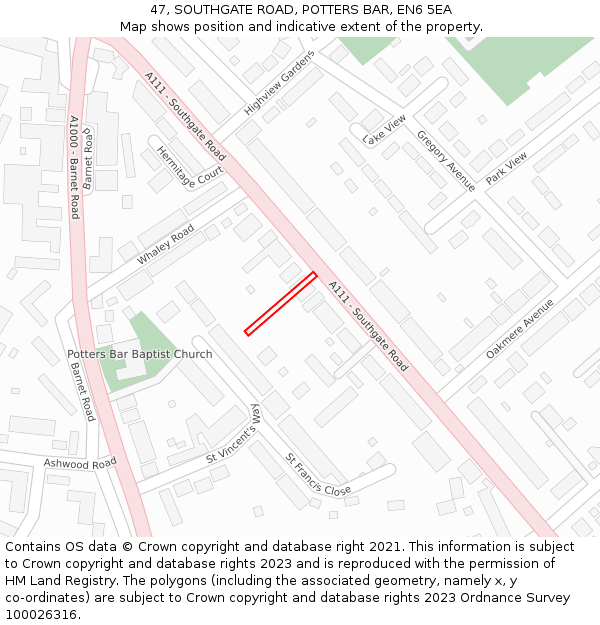 47, SOUTHGATE ROAD, POTTERS BAR, EN6 5EA: Location map and indicative extent of plot