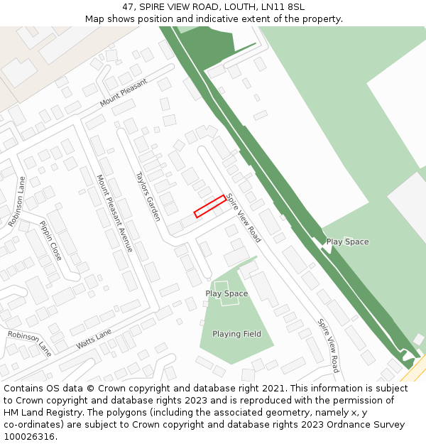 47, SPIRE VIEW ROAD, LOUTH, LN11 8SL: Location map and indicative extent of plot