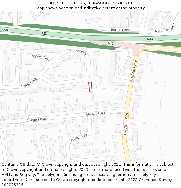 47, SPITTLEFIELDS, RINGWOOD, BH24 1QH: Location map and indicative extent of plot