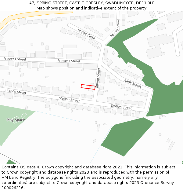 47, SPRING STREET, CASTLE GRESLEY, SWADLINCOTE, DE11 9LF: Location map and indicative extent of plot