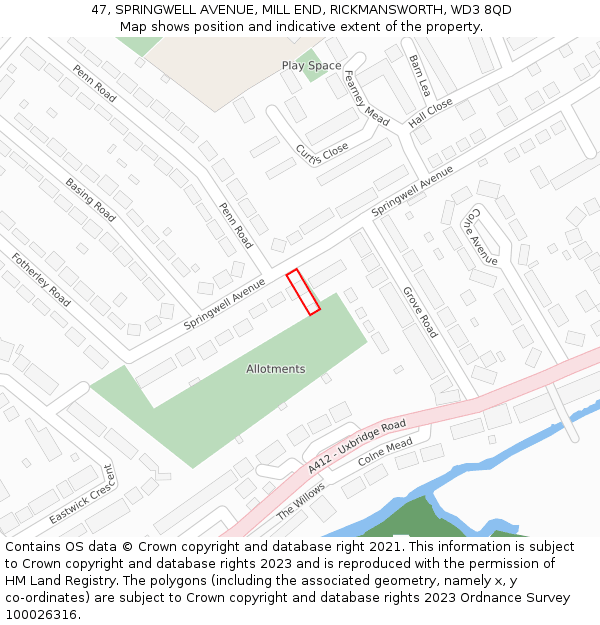 47, SPRINGWELL AVENUE, MILL END, RICKMANSWORTH, WD3 8QD: Location map and indicative extent of plot