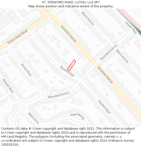 47, STANFORD ROAD, LUTON, LU2 0PY: Location map and indicative extent of plot