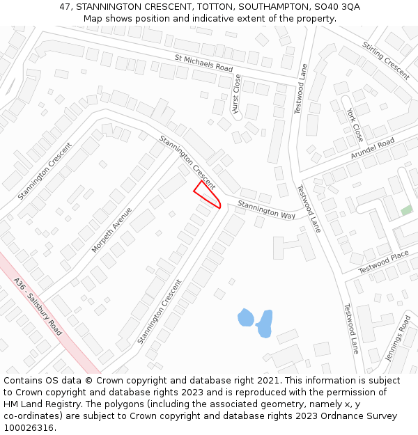 47, STANNINGTON CRESCENT, TOTTON, SOUTHAMPTON, SO40 3QA: Location map and indicative extent of plot